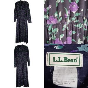 LL Bean Maxi Dress Modest Womens Size Large Floral Black Cotton Farmhouse